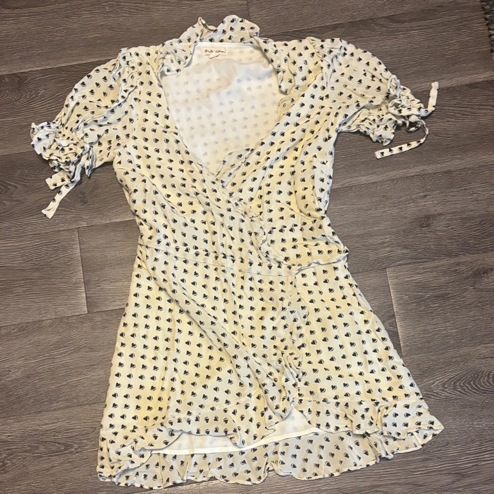 For Love & Lemons Cream Wrap Dress With Black Heart Pattern